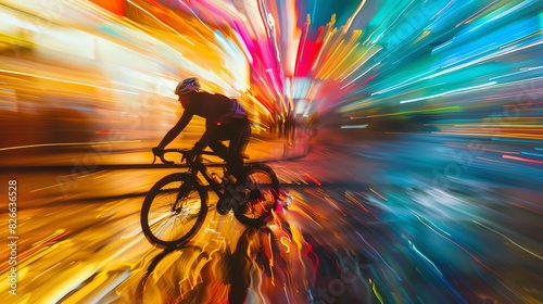 Blur speed over time, swirling patterns, flowing action, close up, focus on, copy space, colorful and dynamic scene, Double exposure silhouette with cyclist