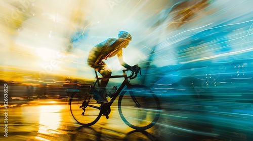 Blur speed over time, swirling patterns, flowing action, close up, focus on, copy space, colorful and dynamic scene, Double exposure silhouette with cyclist