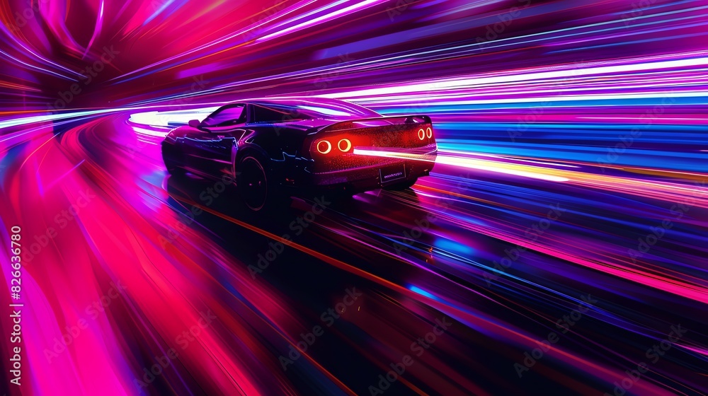 Fototapeta premium Blur light trail, neon colors, fast motion, close up, focus on, copy space, bright and striking hues, Double exposure silhouette with speeding cars