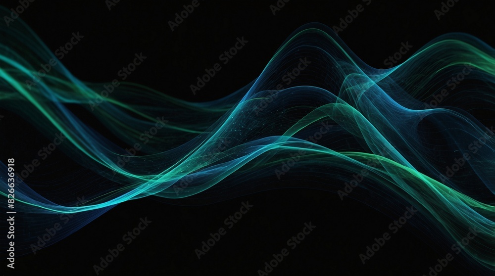 Vector abstract light lines wavy flowing dynamic in blue green colors isolated on black background for concept of AI technology, digital, communication, 5G, science, music. Vector illustration design Vector abstract light lines wavy flowing dynamic in blue green colors isolated on black background for concept of AI technology, digital, communication, 5G, science, music. Vector illustration design