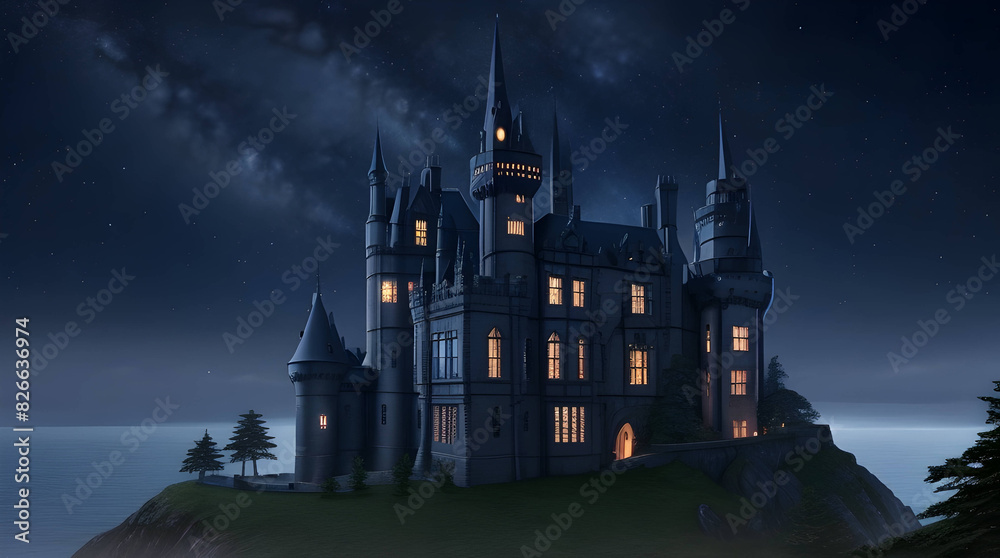 A majestic, gothic castle mansion, its walls a deep, dark blue, standing atop a rocky hill, surrounded by a sea of stars A majestic, gothic castle mansion, its walls a deep, dark blue, standing atop a rocky hill, surrounded by a sea of stars
