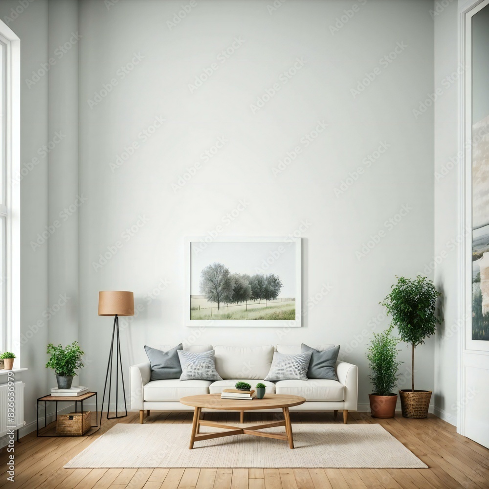 Minimalist living room design with white sofa, wooden coffee table, indoor plants, and picture frame in a bright, airy space