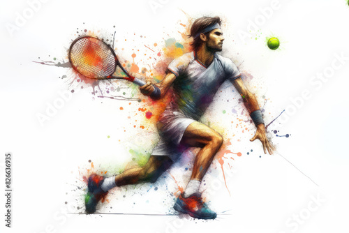 Tennis watercolor splash player in action with a ball isolated on white background