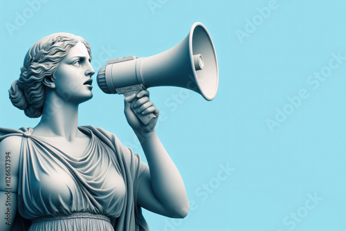 A statue of a woman with a megaphone in his mouth on solid blue background