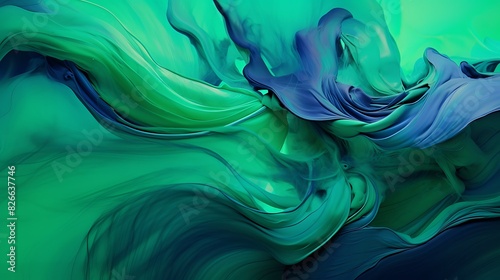 Luminous streams of ultraviolet and jade green cascading like liquid silk, creating an abstract masterpiece of fluid artistry. photo