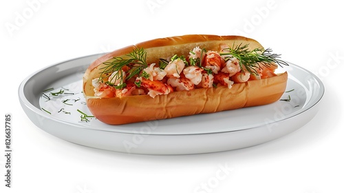 A gourmet lobster roll, with chunks of fresh lobster meat drizzled with butter, served in a toasted bun on a white ceramic plate, garnished with a sprig of dill.