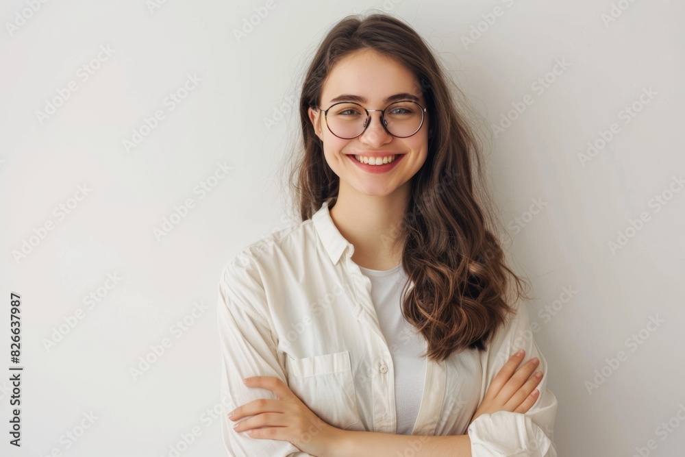 Confident young woman with glasses smiling, wearing a white shirt, standing against a plain white background. Generated AI Confident young woman with glasses smiling, wearing a white shirt, standing against a plain white background. Generated AI