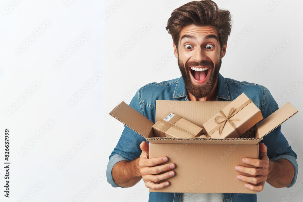 Excited man unboxing delivery looking into open cardboard Isolated on white background copy space Excited man unboxing delivery looking into open cardboard Isolated on white background copy space