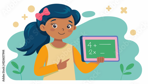 A young girl confidently showed off her math skills quickly solving equations on a tabletbased program that adapted to her level.. Vector illustration