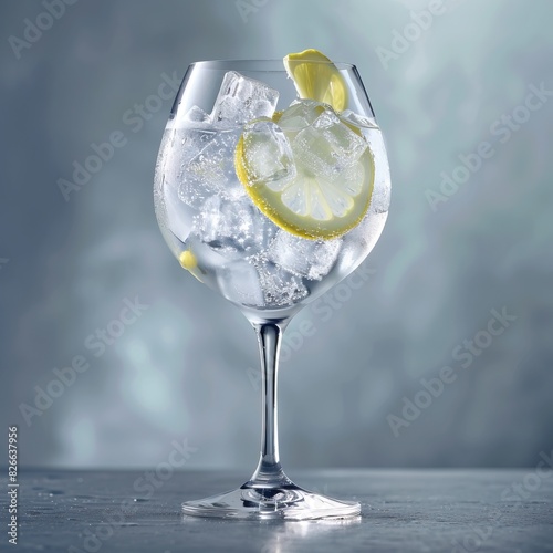 Elegant gin and tonic cocktail in a glass with ice cubes and lemon slice, perfect for a refreshing drink on a hot day.