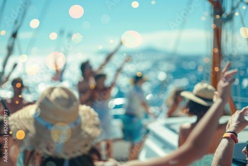 A joyful group of friends celebrating on a boat under the summer sun with sea views and bokeh lights. Generated AI