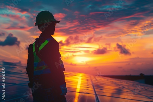 Asian worker, safety gear, sunset sky, focus on, bright shades, double exposure silhouette with solar technology