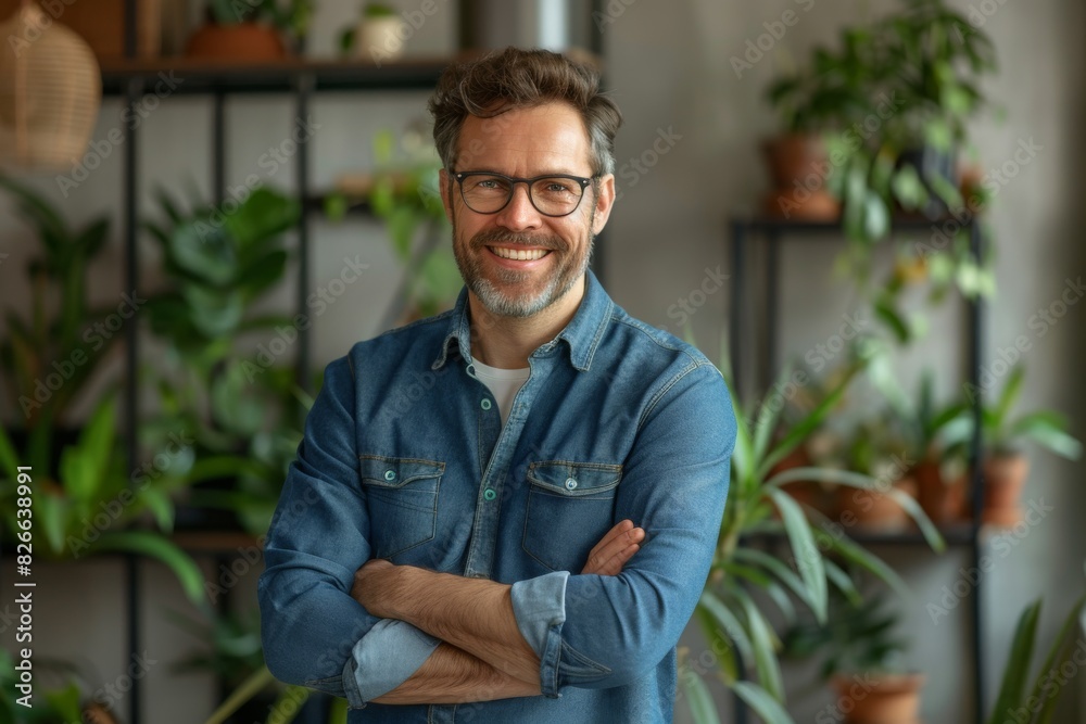 A confident, smiling executive in glasses stands in office with arms crossed, surrounded by indoor plants. A confident, smiling executive in glasses stands in office with arms crossed, surrounded by indoor plants.