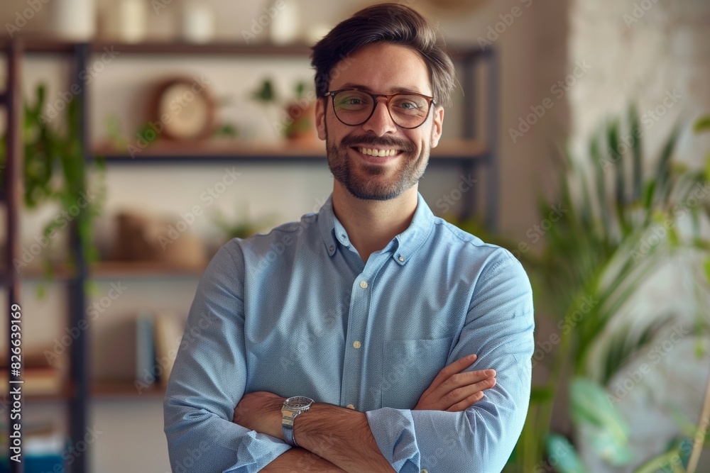 A confident, smiling executive in glasses stands in office with arms crossed, surrounded by indoor plants. A confident, smiling executive in glasses stands in office with arms crossed, surrounded by indoor plants.