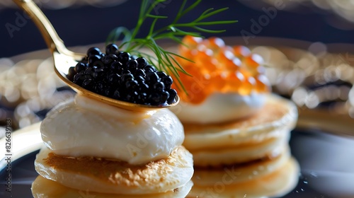 A luxurious caviar and blini appetizer, topped with a dollop of cr??me fra?(R)che and a sprig of dill, presented on a mother-of-pearl spoon. photo