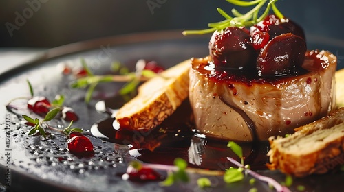 A luxurious foie gras terrine, served with a sweet and tart cherry compote and toasted brioche slices. photo