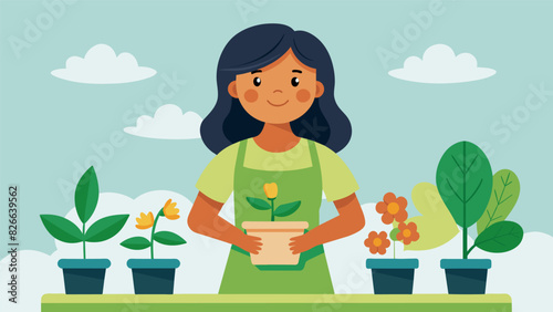 A young girl eagerly showing off the herbal garden she planted as part of the gardening class.. Vector illustration