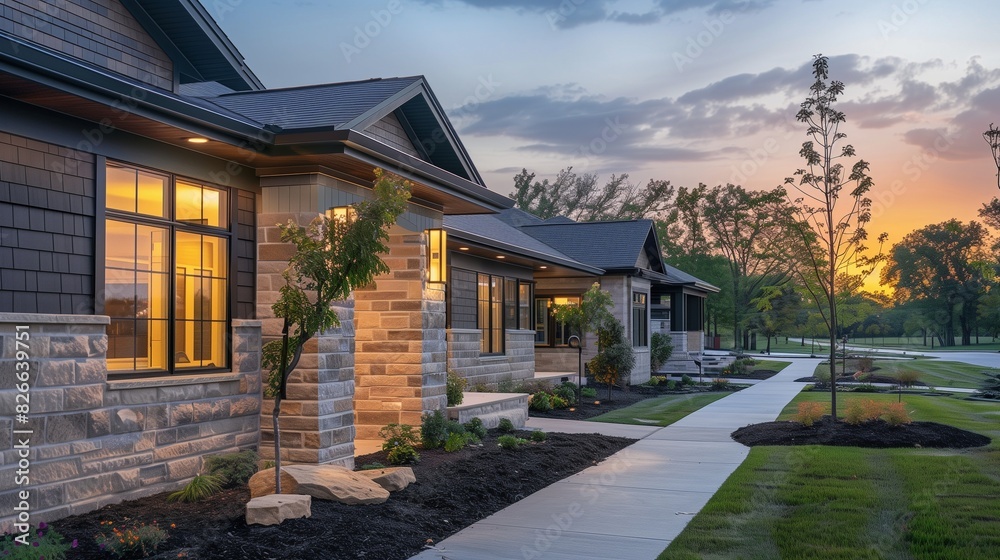 Modern Suburban Craftsman house during dawn, warm glow on stone details. Modern Suburban Craftsman house during dawn, warm glow on stone details.