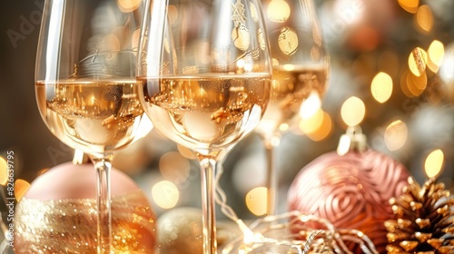 Photo of glasses filled with champagne on a festive table with holiday decorations and warm bokeh lights, creating a celebratory atmosphere.