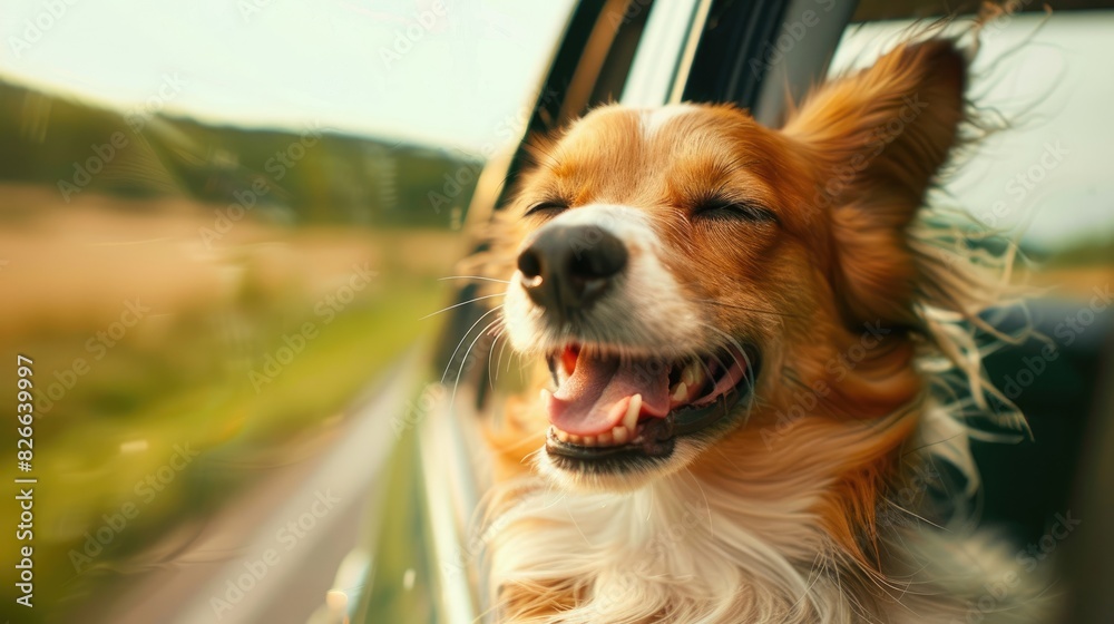 Joyful dog enjoying the breeze through a car window Joyful dog enjoying the breeze through a car window
