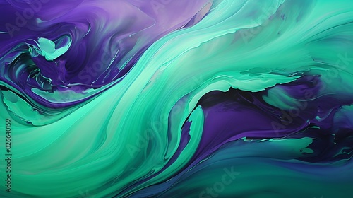 Streams of ultraviolet and jade green paint cascade across the canvas, merging and diverging with fluid grace, captured in stunning high-definition clarity. photo