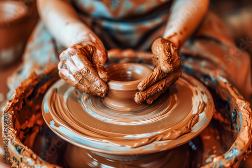 Person shaping clay on pottery wheel
