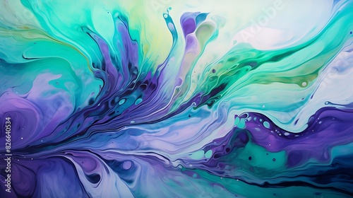 Swirls of ultraviolet and jade green ebb and flow, creating an otherworldly spectacle of color and motion, immortalized in high-definition precision. photo