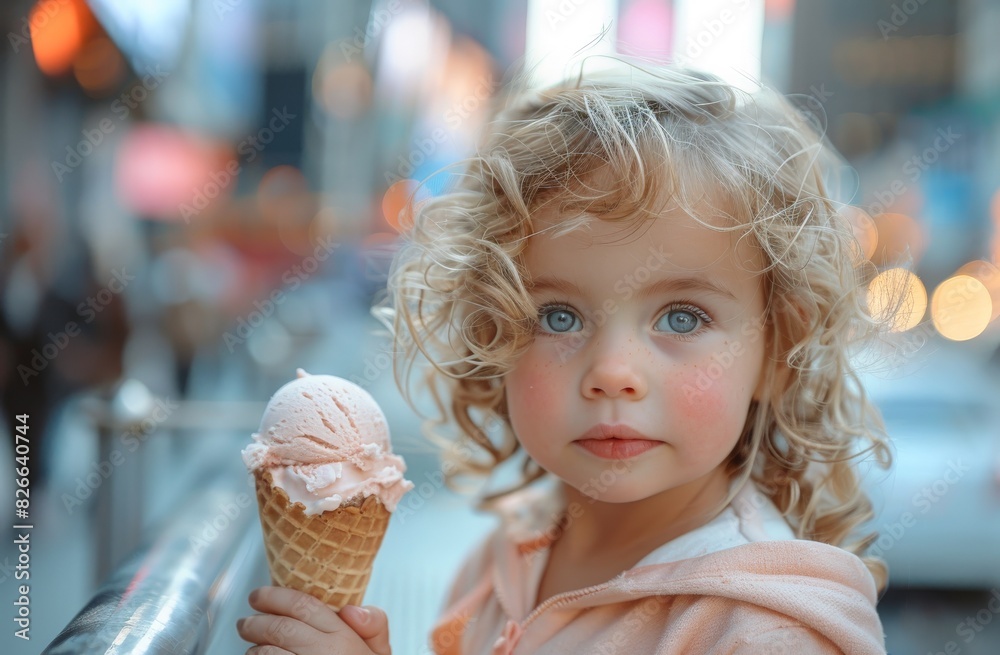 A young girl with blonde curls holds a strawberry ice cream cone, gazing with blue eyes in a city environment A young girl with blonde curls holds a strawberry ice cream cone, gazing with blue eyes in a city environment