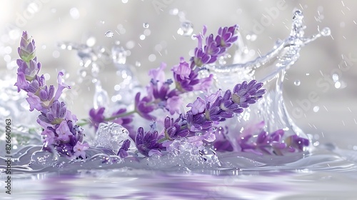 Lavender blooms are refreshed by water splashes on a crisp clean background.