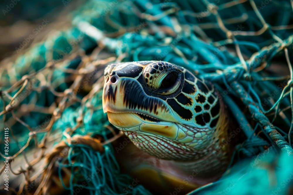 Rescued Sea Turtle Trapped in Fishing Gear, Symbolizing Survival and Hope for Release. Rescued Sea Turtle Trapped in Fishing Gear, Symbolizing Survival and Hope for Release.
