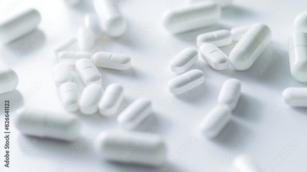 White capsule-shaped pills close-up White capsule-shaped pills close-up