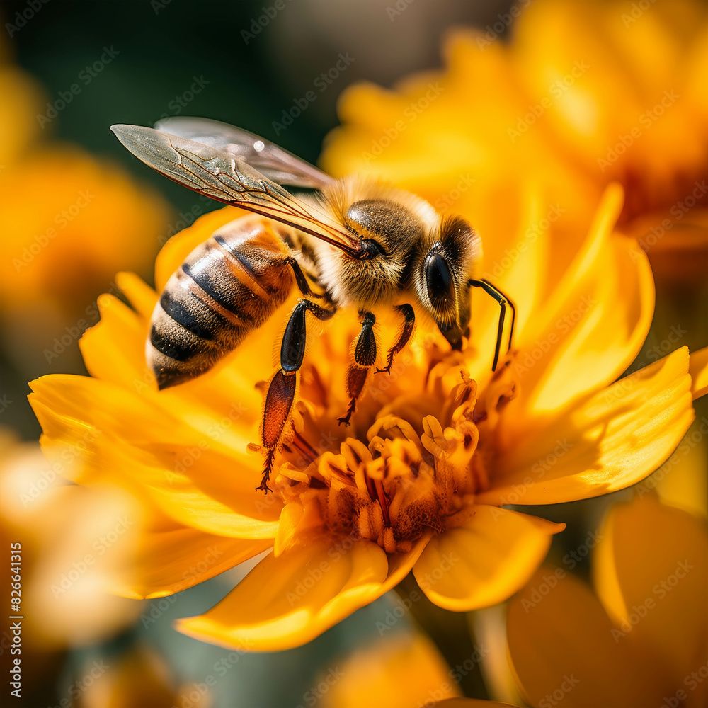 A close-up of a honeybee collecting nectar from a vibrant yellow flower, capturing the essence of nature and the vital role of pollinators. A close-up of a honeybee collecting nectar from a vibrant yellow flower, capturing the essence of nature and the vital role of pollinators.