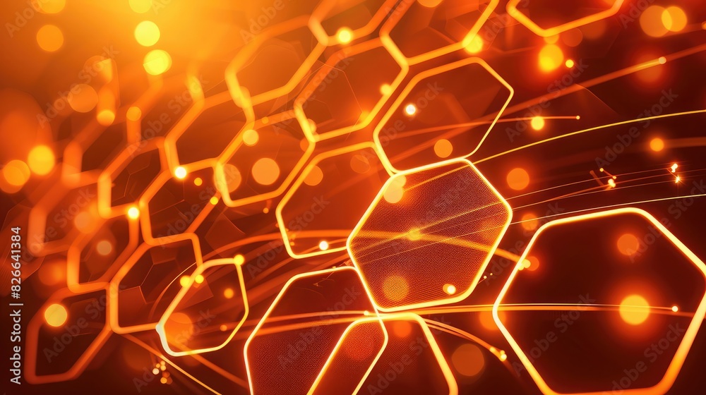 Glowing orange hexagons interconnected by energy lines in a dynamic background symbolizing innovation. Glowing orange hexagons interconnected by energy lines in a dynamic background symbolizing innovation.