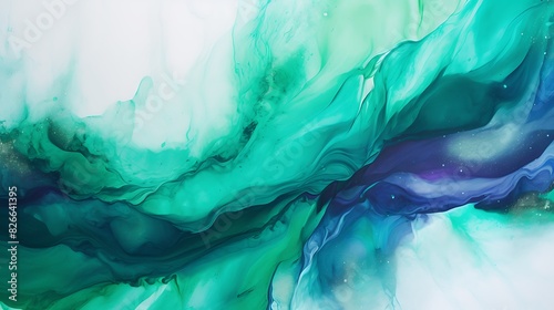 A close-up view of liquid ultraviolet and jade green blending seamlessly, creating an abstract masterpiece of fluid art. photo