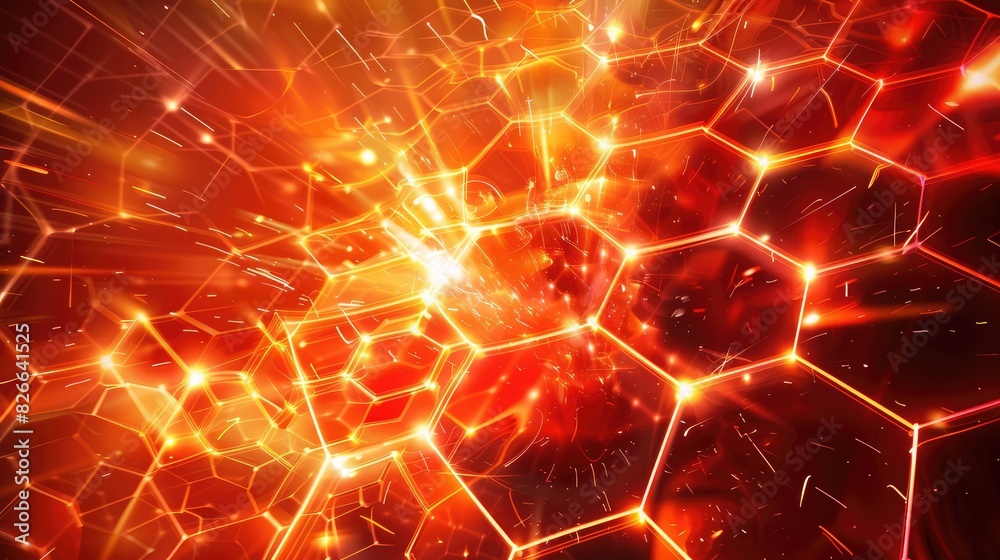 Dynamic light flares and energy bursts emanate from a red and orange hexagonal pattern resembling the sun. Dynamic light flares and energy bursts emanate from a red and orange hexagonal pattern resembling the sun.