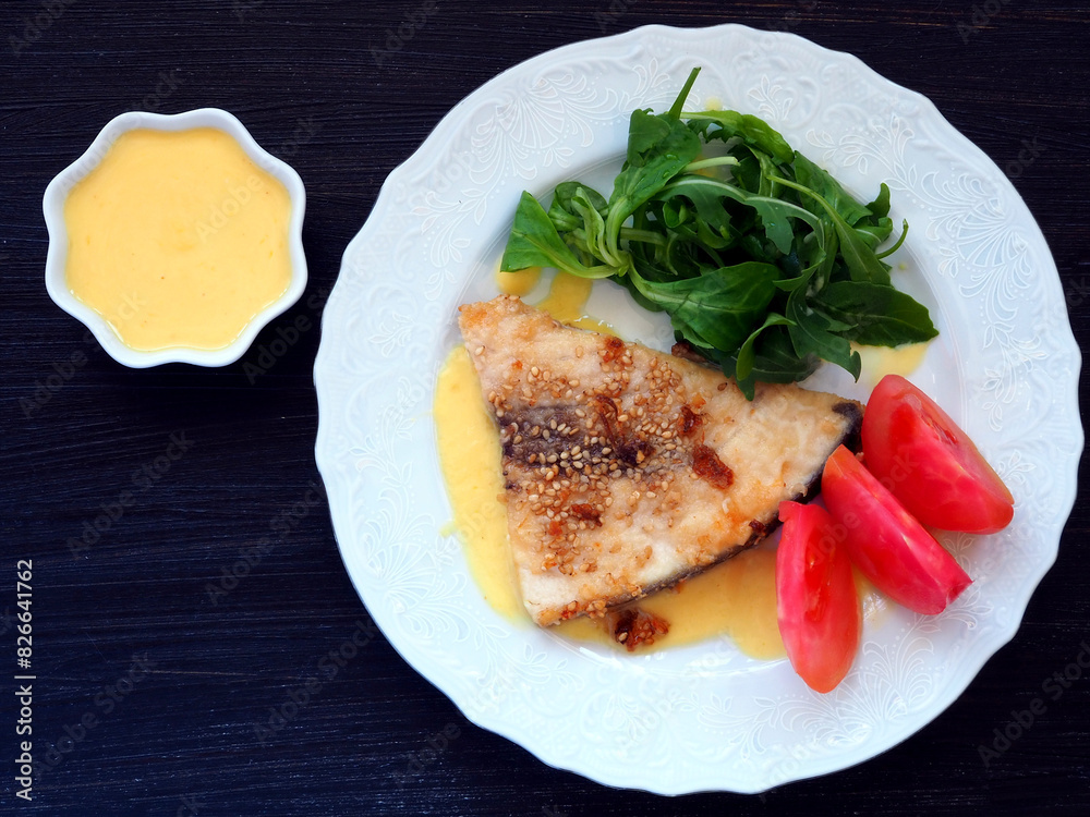 Sesame-Crusted Fish Fillet with Fresh Salad and Sauce Sesame-Crusted Fish Fillet with Fresh Salad and Sauce