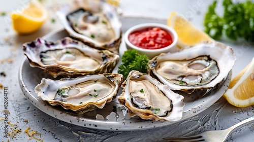 A plate of oysters on the half shell, served with a mignonette sauce and lemon wedges, capturing the taste of the sea.