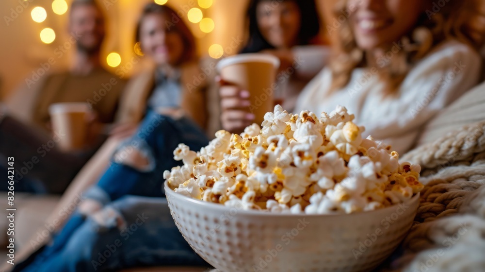 A group of friends relax together on a cozy evening, sharing popcorn and drinks in a warmly lit room. A group of friends relax together on a cozy evening, sharing popcorn and drinks in a warmly lit room.