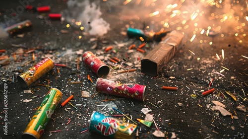 Fireworks and firecrackers scattered on the ground after being ignited in festivities with leftover boxes from New Year s and Christmas celebrations including visible tubes and debris photo