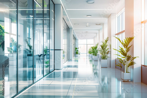 Contemporary office corridorwith glass walls and large windows allowing natural light and view of the city skyline  enhancing the modern aesthetic.