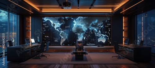 HighTech Office Showcases Global Connectivity Through Digital World Map Projection photo