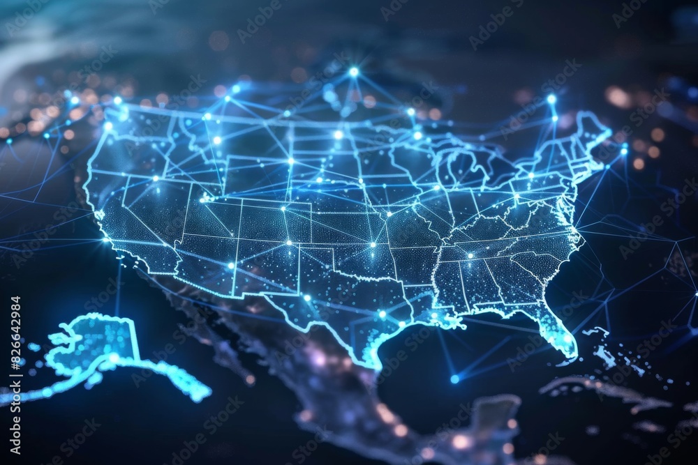 Digital map of america network connectivity created with generative ai Digital map of america network connectivity created with generative ai