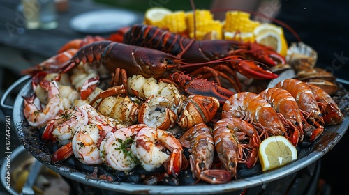 A platter of fresh seafood  including shrimp  scallops  and lobster tails  ready for a summer barbecue.