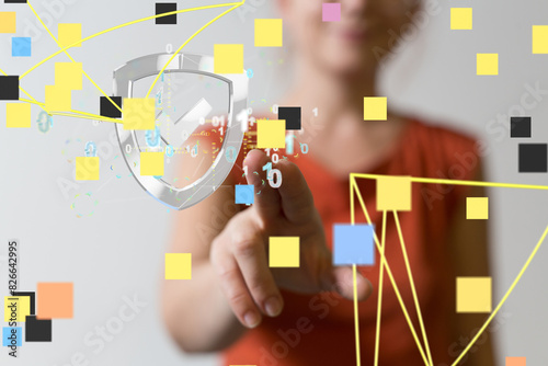 Security Shield concept, data protection. Shield with dots and lines connectio photo