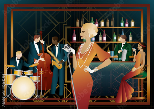 Jazz musicians and singer in a restaurant, cafe or bar. Double bass, saxophone, drum. Musicians play musical instruments