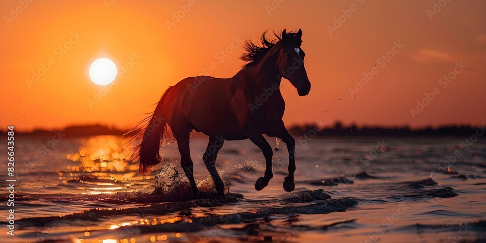 Silhouette of majestic horses galloping freely along the shoreline at sunset. Concept Horseback Riding, Equestrian, Sunset Photography, Majestic Silhouettes, Equine Lifestyle Silhouette of majestic horses galloping freely along the shoreline at sunset. Concept Horseback Riding, Equestrian, Sunset Photography, Majestic Silhouettes, Equine Lifestyle