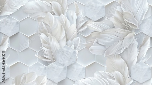 Swan feather motifs adorn hexagons on elegant wallpaper, showcasing fine, detailed layering. photo