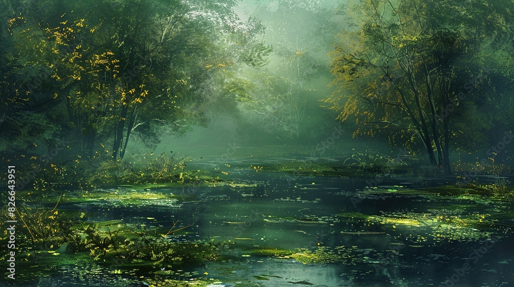 Serene Forest and Water Lily Pond. Description: A tranquil scene of a lush forest surrounding a serene pond filled with water lilies and pink flowers, bathed in soft, natural light. Serene Forest and Water Lily Pond. Description: A tranquil scene of a lush forest surrounding a serene pond filled with water lilies and pink flowers, bathed in soft, natural light.