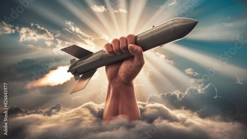 Social advertising about the cessation of hostilities. A muscular arm emerging from the clouds catches a rocket. photo