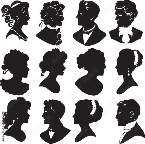 Black silhouette set of cameo man and woman on white background	
